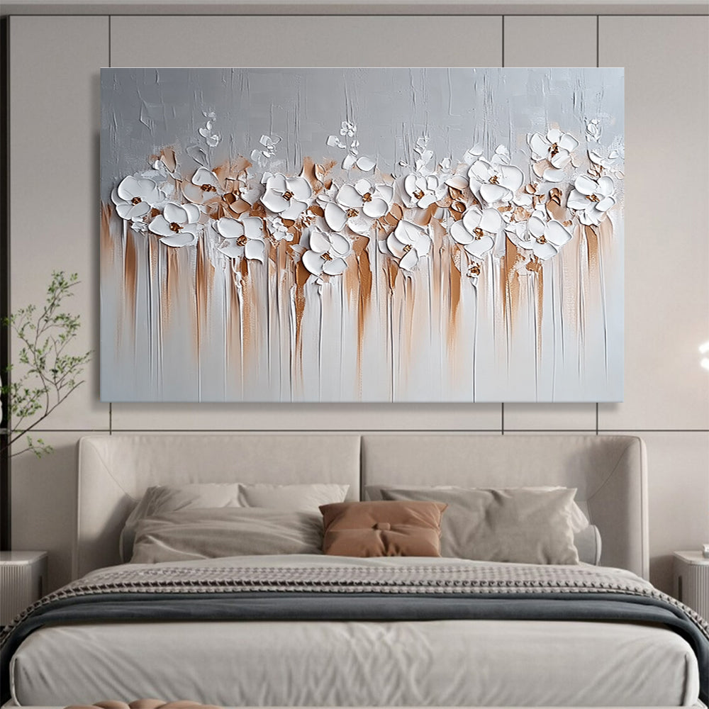White Flowers and Brown Drips Abstract Painting with 3D Textural Beauty ABS452