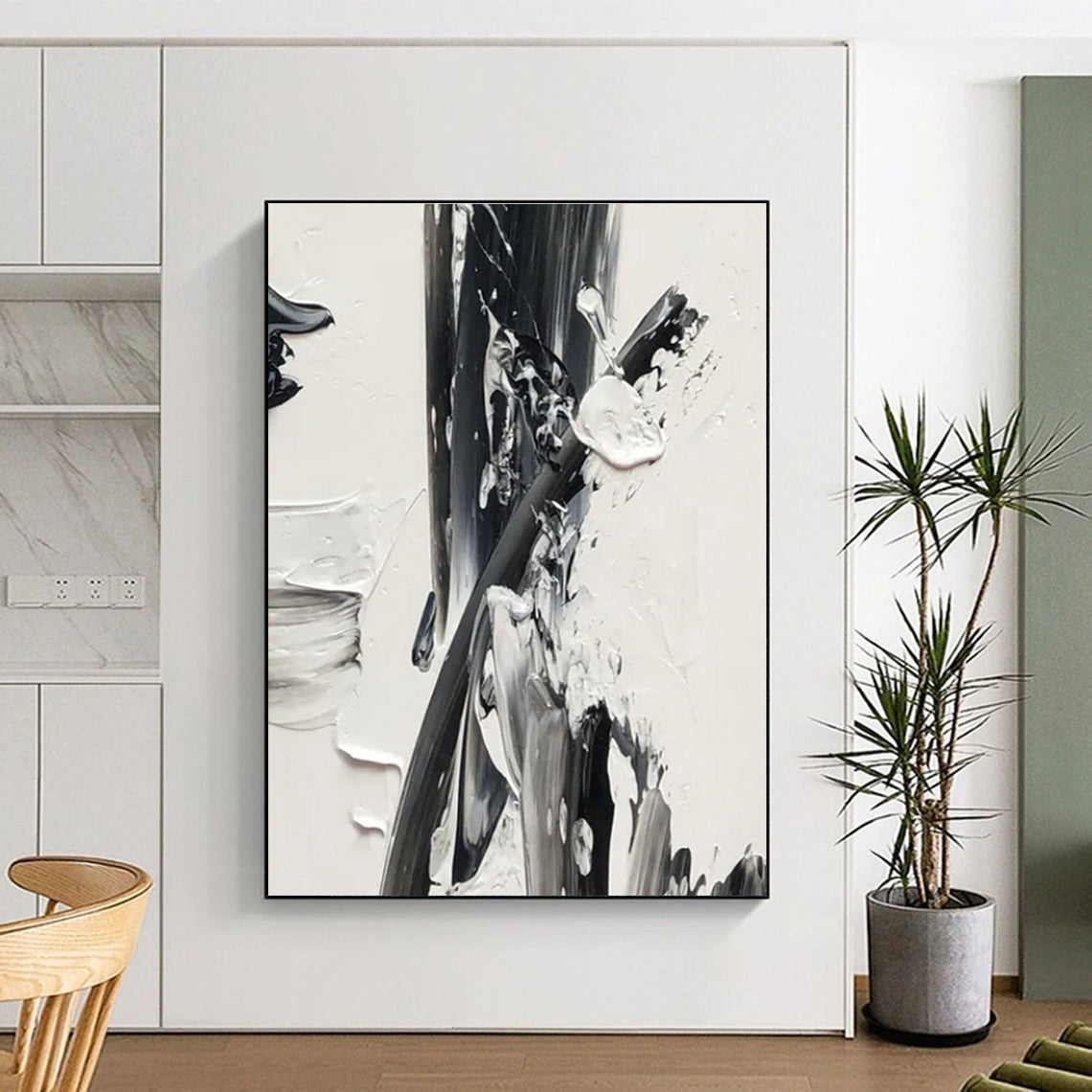 Expressive Monochrome Abstract Painting for Bold Dining Rooms HENG446