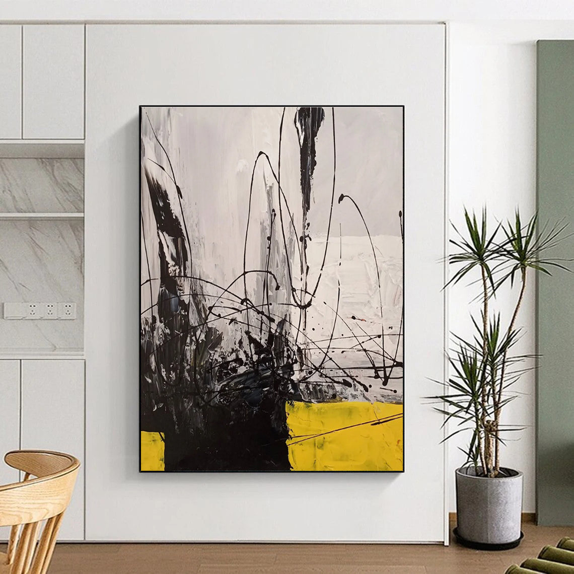 Dynamic Black and White with Yellow Abstract Painting for Creative Studio Meeting Rooms HENG053