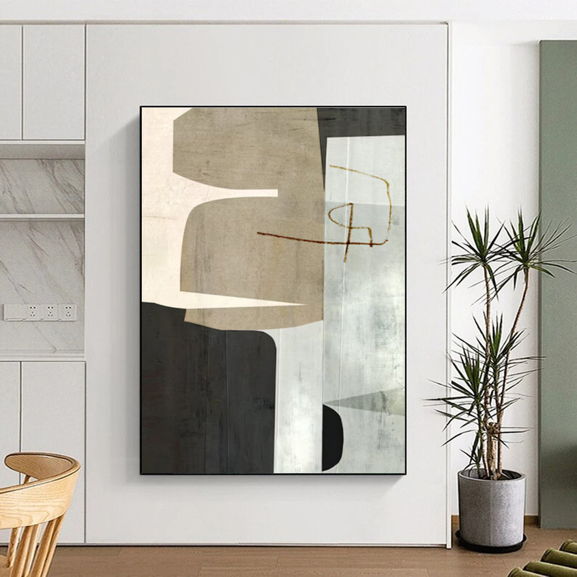 Neutral Geometric Collage Abstract Painting for Sophisticated Office Receptions HENG158