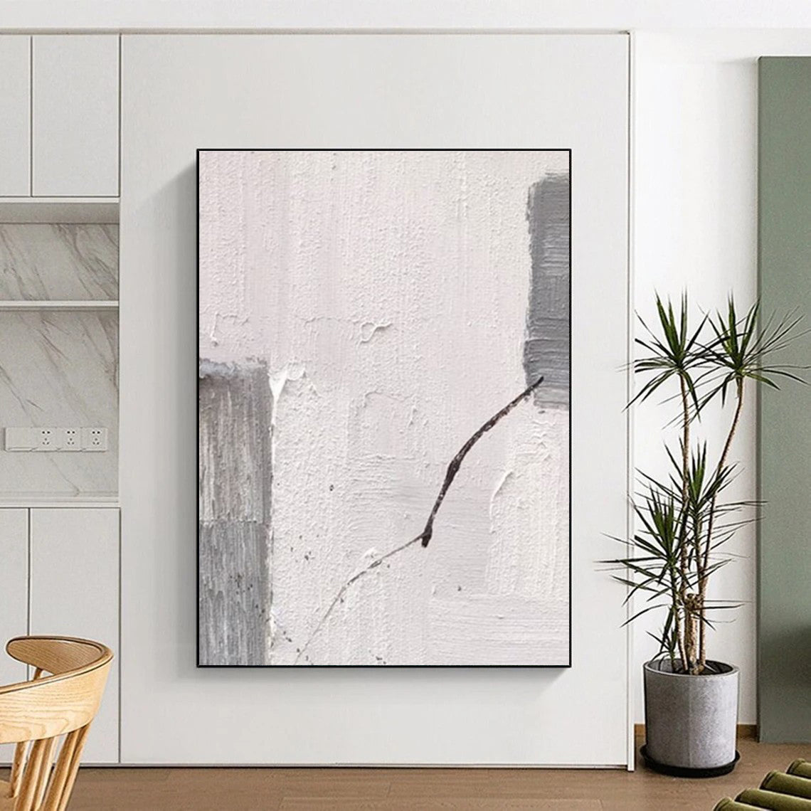 White and Gray Textured Fragment with Line Abstract Painting for Modern Art - Filled Hallways HENG363