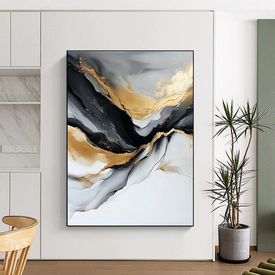 Gray - Gold Abstract Waves Painting with Opulent Serenity WINK417