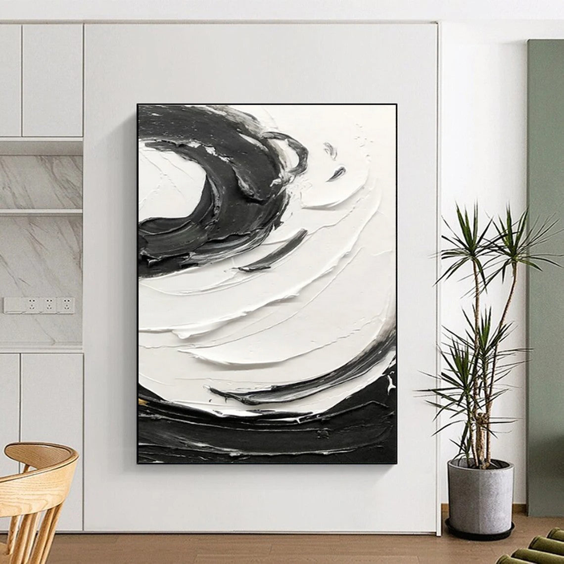 Black - White Swirl Textured Abstract Painting for Modern Living Rooms HENG380