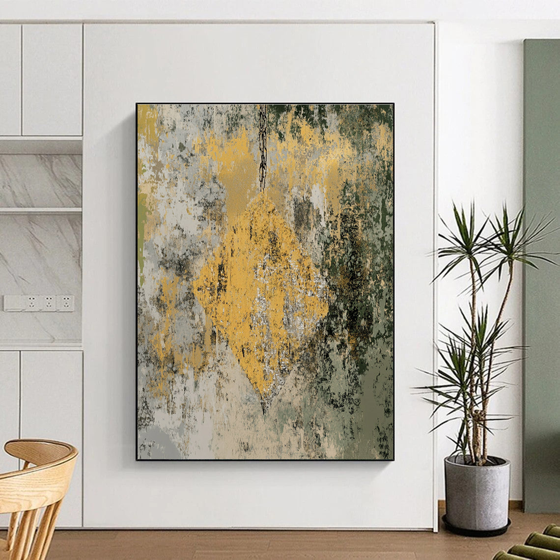 Textured Yellow and Green Abstract Painting with Rustic Vibe WINK303