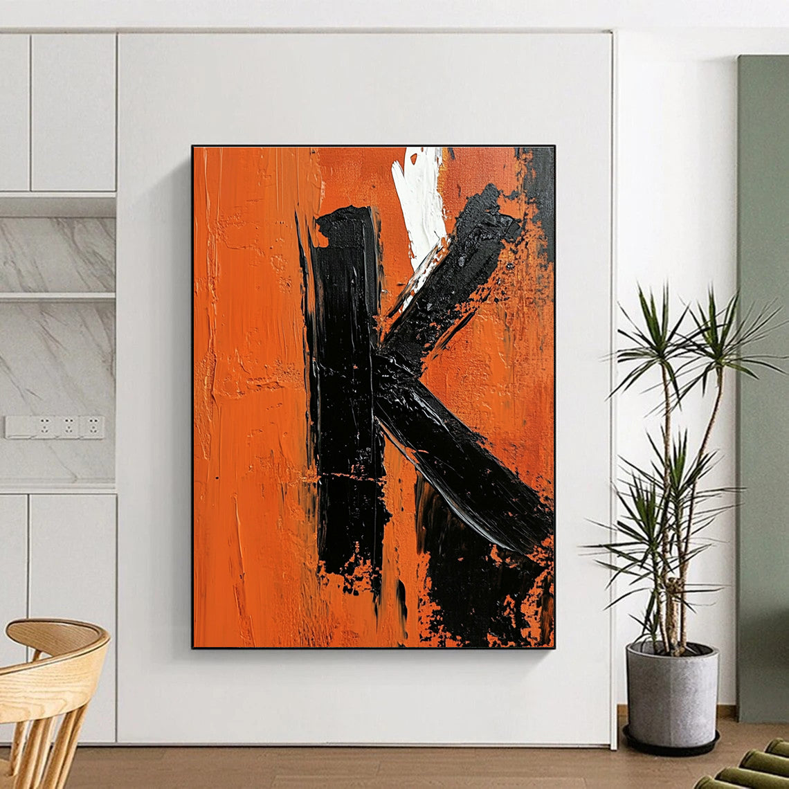 Bold Black and Orange Letter K Abstract Painting for Industrial - Style Spaces GAB1366