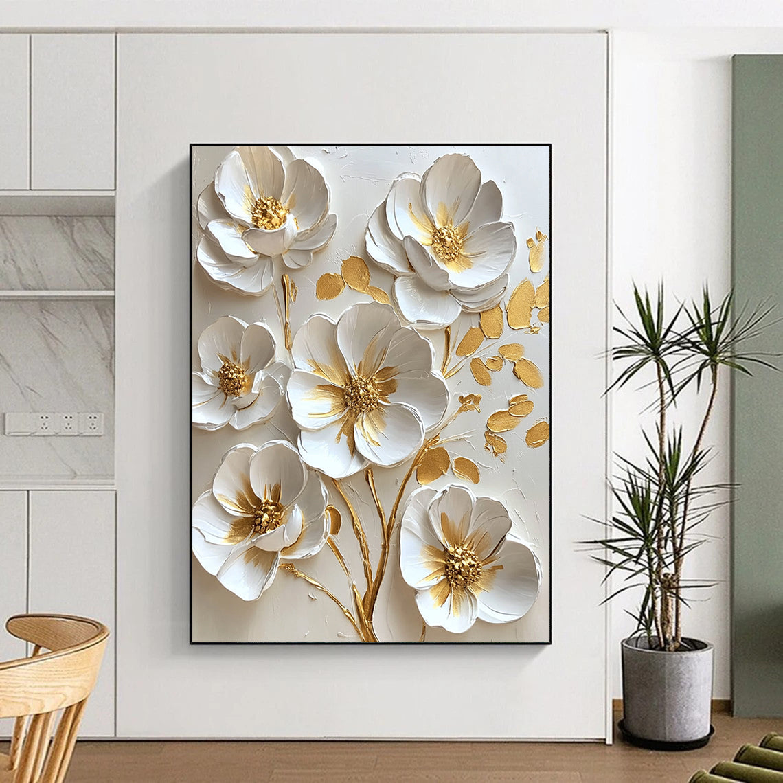 3D White and Gold Flowers Opulent Abstract Painting for Lavish Interiors GAB1529