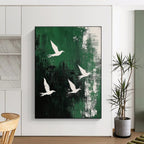 White Birds on Green Abstract Painting for Nature - Loving Cafes GAB0826