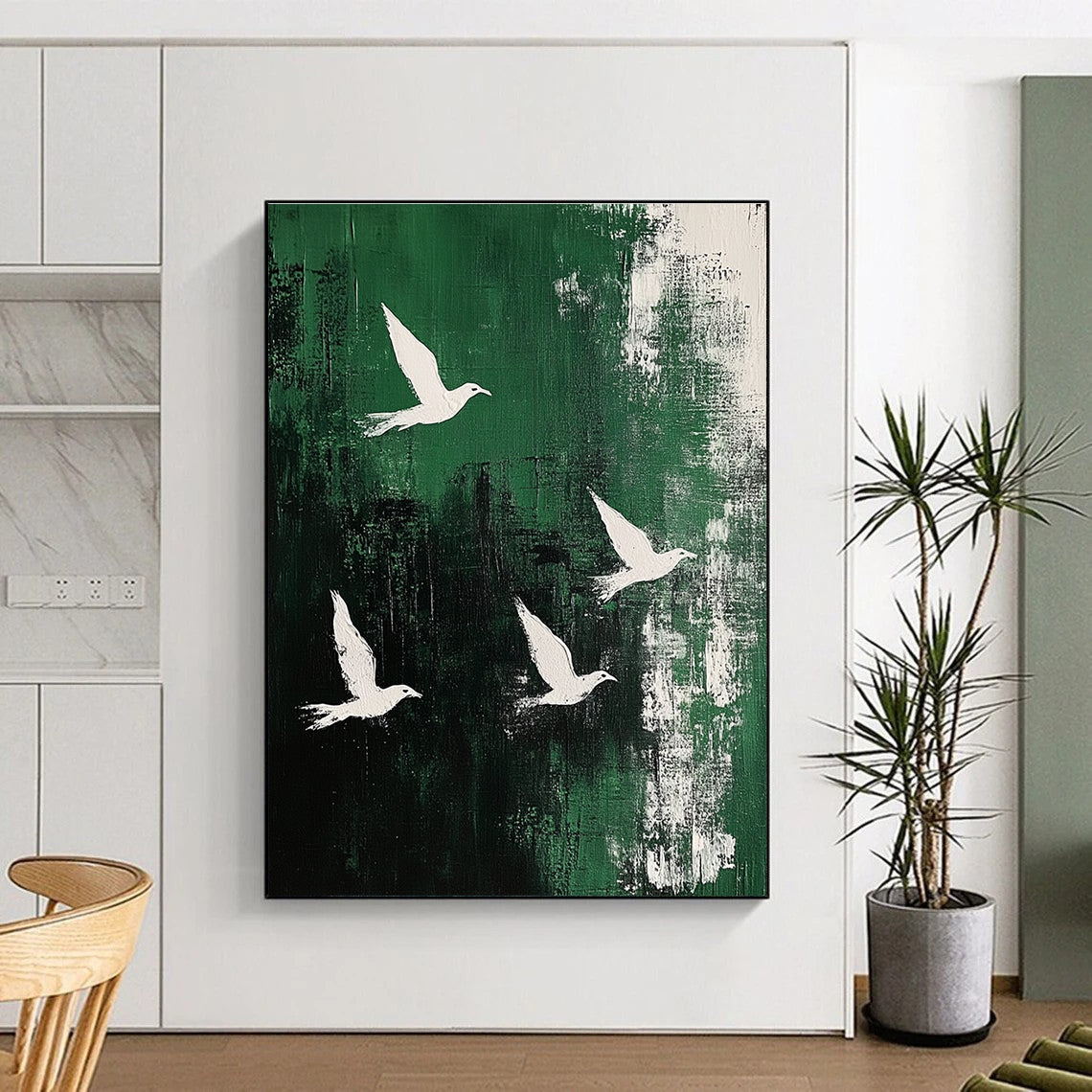 White Birds on Green Abstract Painting for Nature - Loving Cafes GAB0826