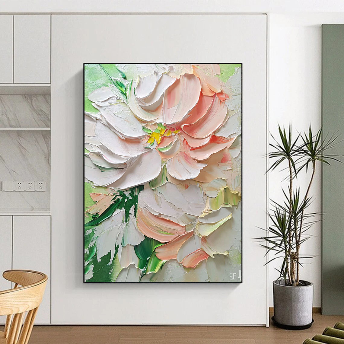 Textured White and Pink Flower Romantic Abstract Painting for Feminine Spaces GAB1446
