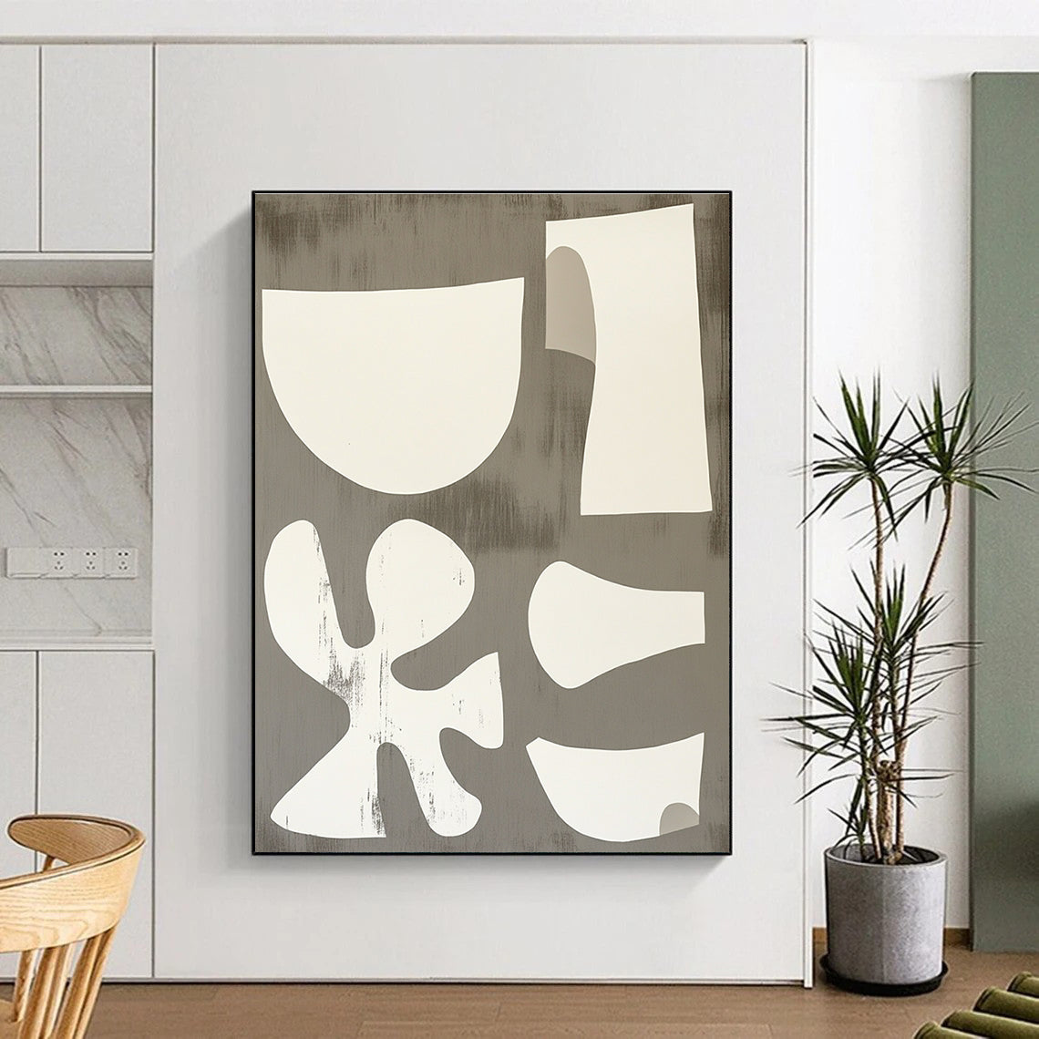 White Shapes on Gray Playful Abstract Painting for Creative Spaces GAB1539