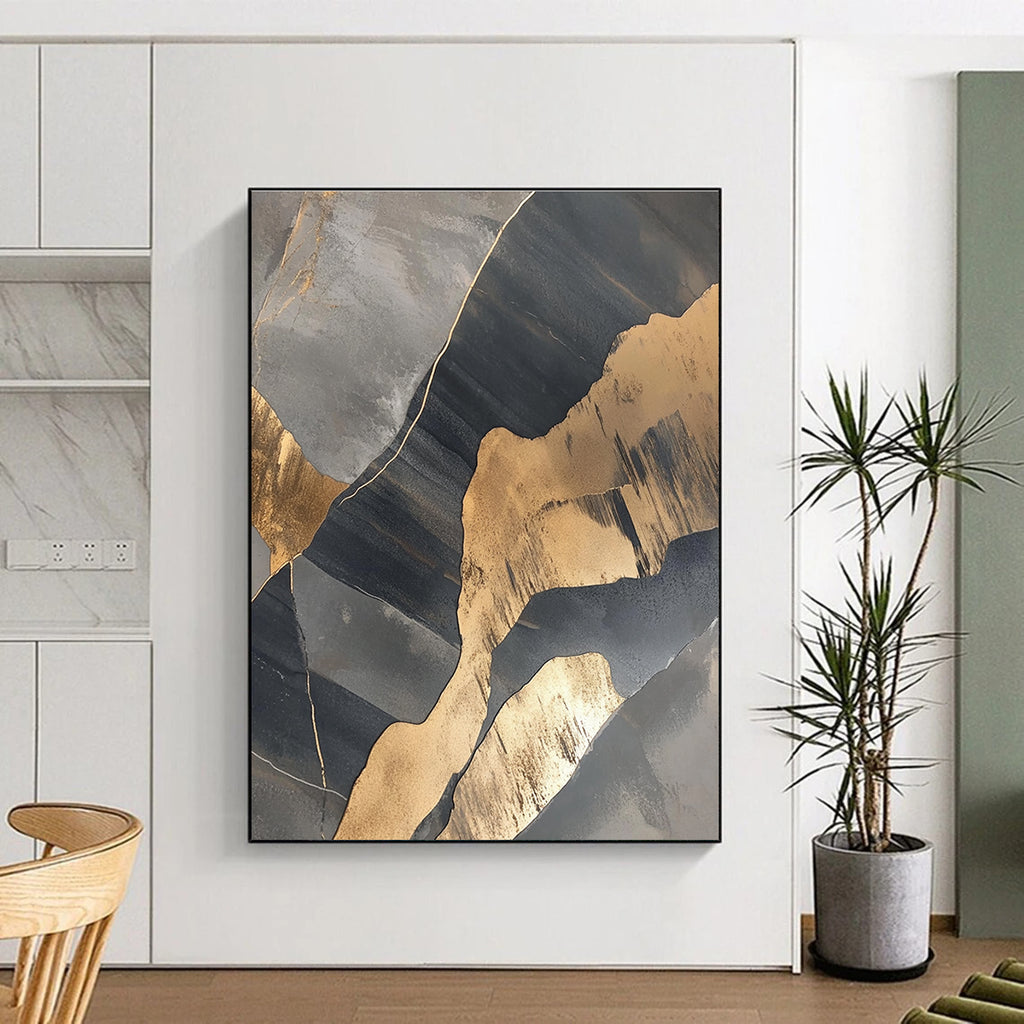 Gray and Gold Abstract Painting with Geometric Shapes WINK836
