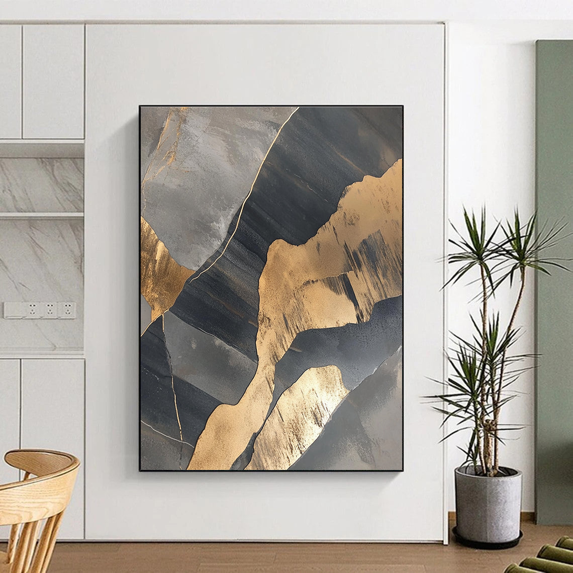 Gray and Gold Abstract Painting with Geometric Shapes WINK836
