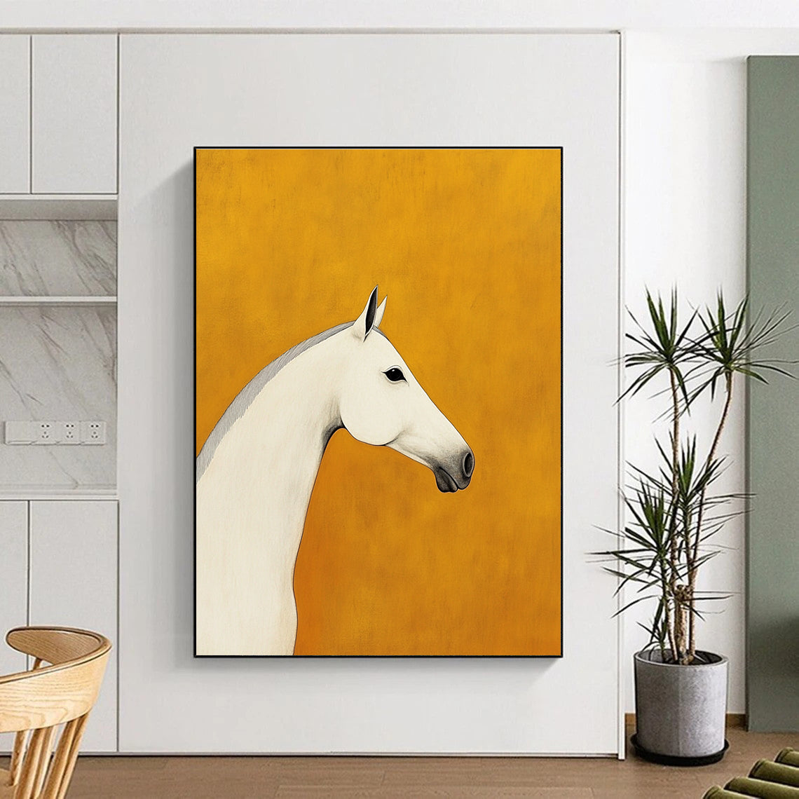 Minimalist White Horse Portrait Abstract Painting for Equestrian Lovers GAB1391