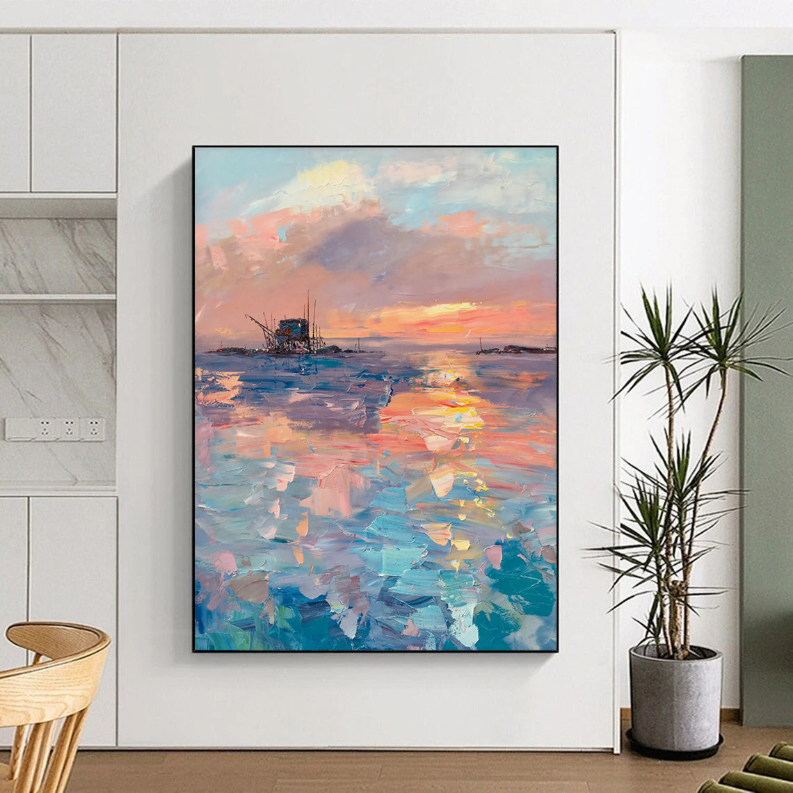 Sunset Over the Sea with Structure Abstract Painting for Nautical - Themed Restaurants HENG531