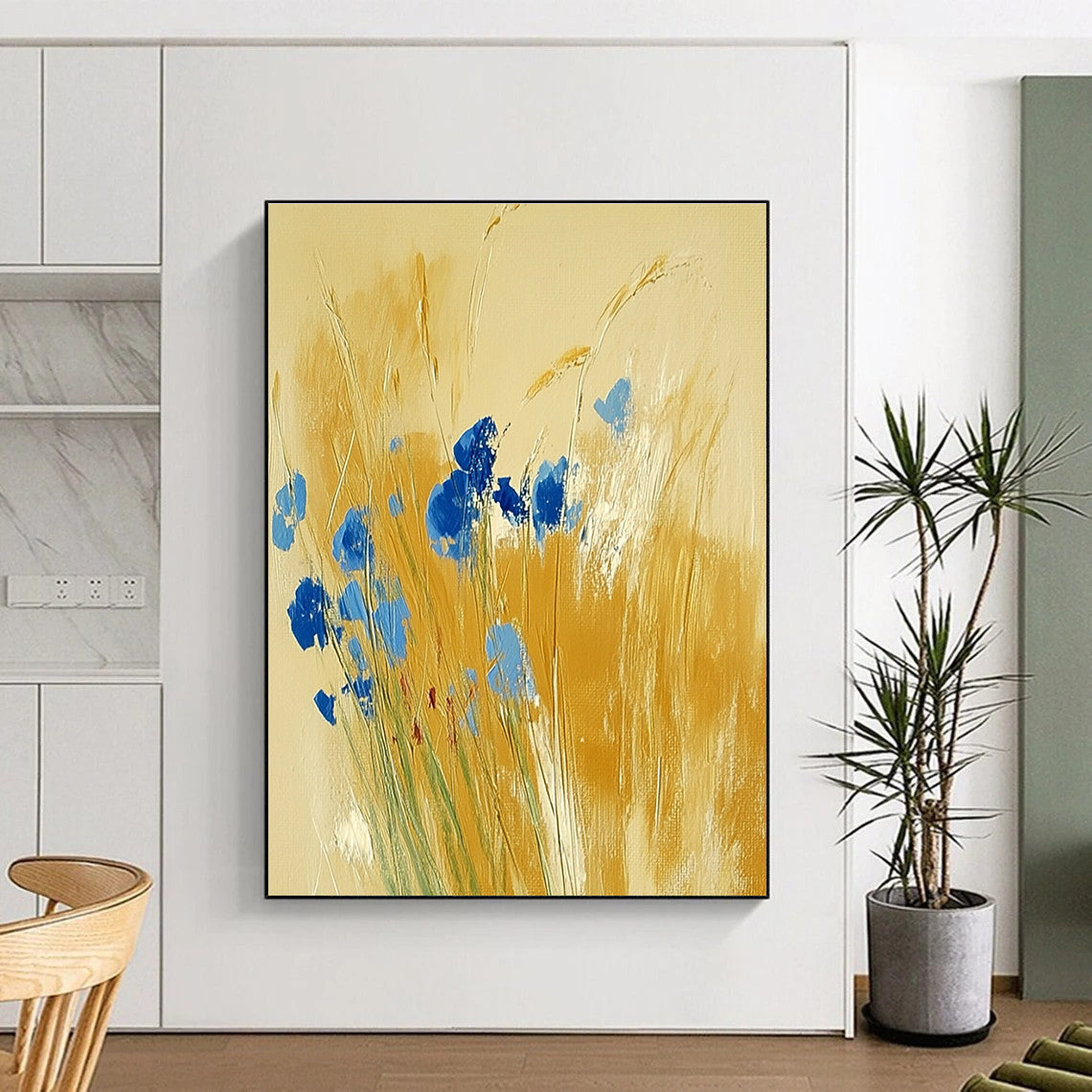 Blue Flowers in Golden Grass Abstract Painting for Country - Style Patios GAB0797