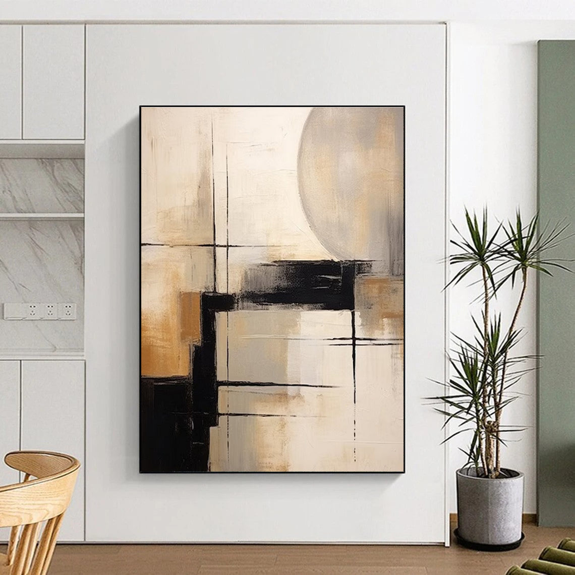 Geometric Abstract in Neutral Tones Abstract Painting for Sophisticated Dining Areas HENG356