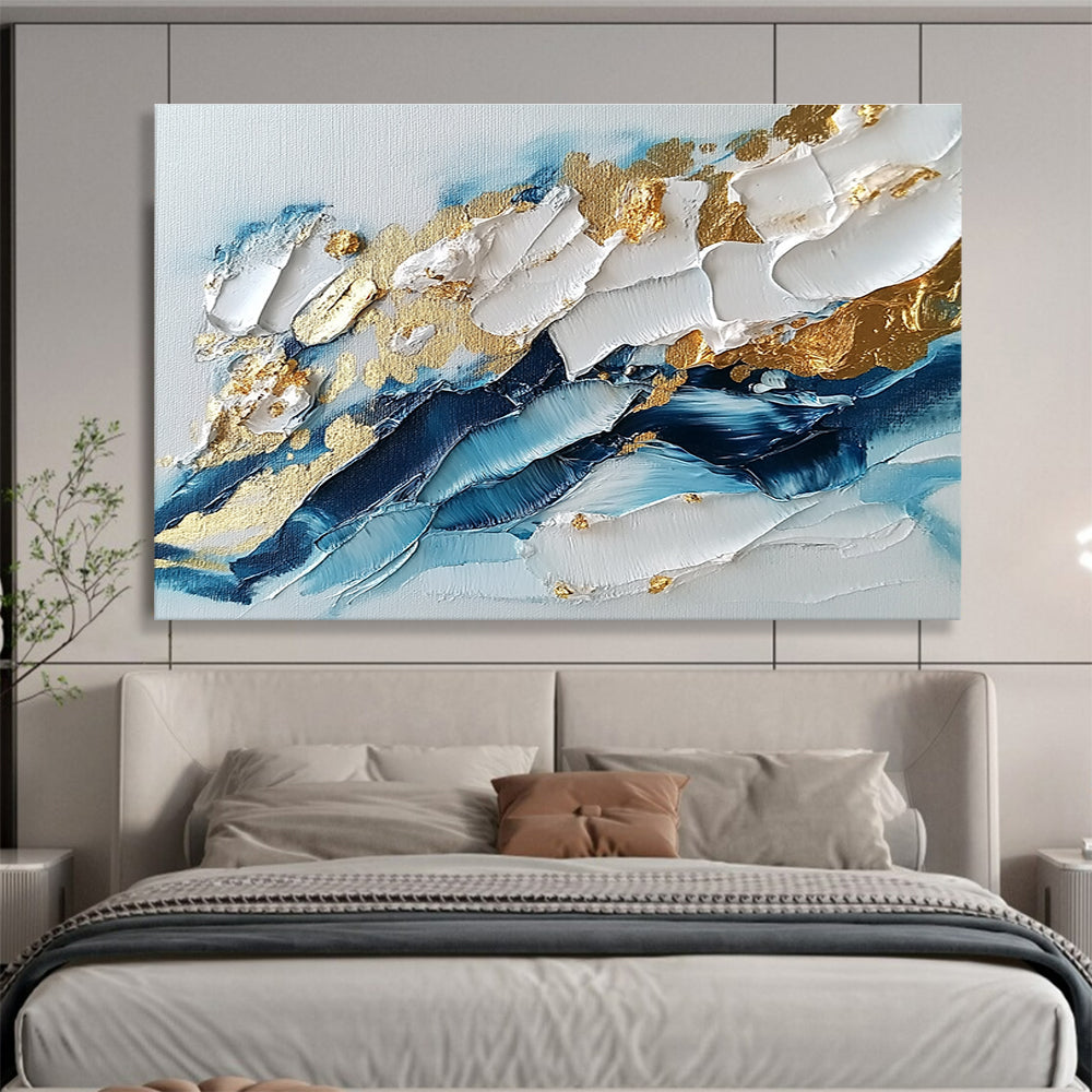 Blue - White - Gold Abstract Painting with Textured Impasto ABS260