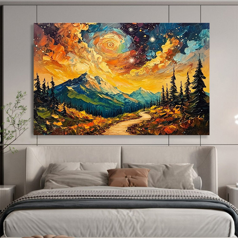 Mountain Path Under Starry Sky: Dreamy Wilderness Adventure Abstract Painting ABS155