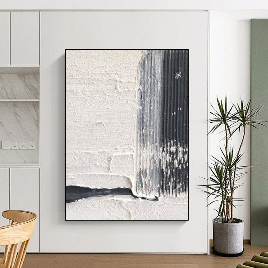 White and Black Textured Striped Art Abstract Painting for Monochrome - Themed Dining Rooms HENG366