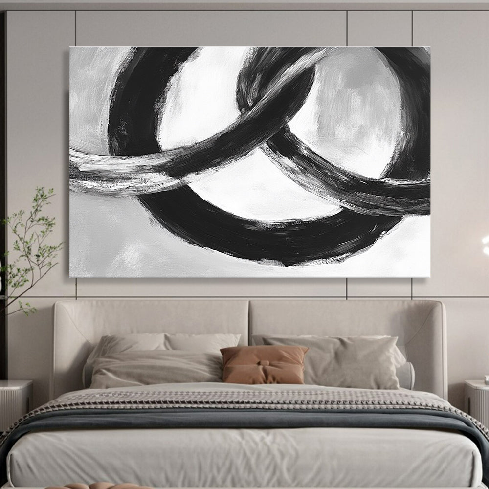 Intertwined Black Rings: Dynamic Movement in Monochrome Abstract Painting ABS175
