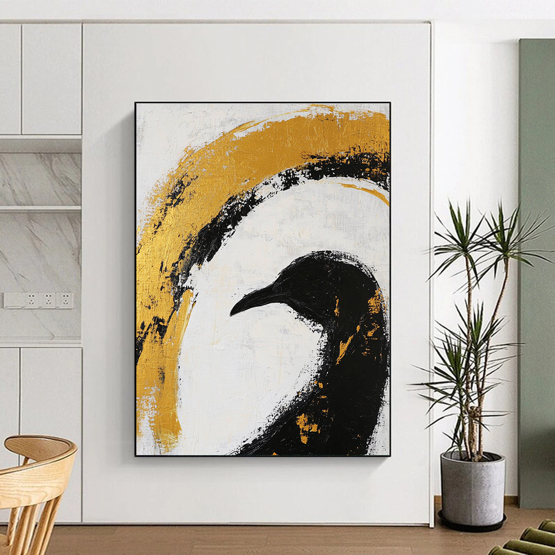 Black Bird Gold Arc Art - Symbolic Minimalist Abstract Painting GAB0438