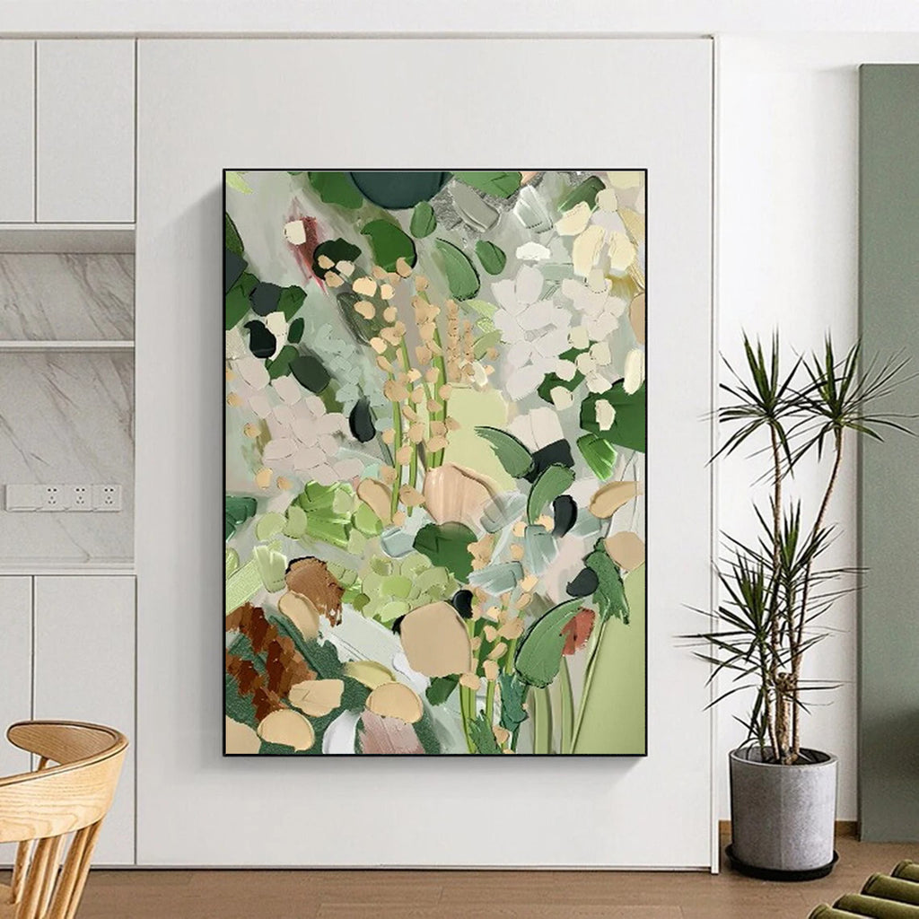 Muted Green Floral Abstract Painting for Minimalist Home Offices HENG426
