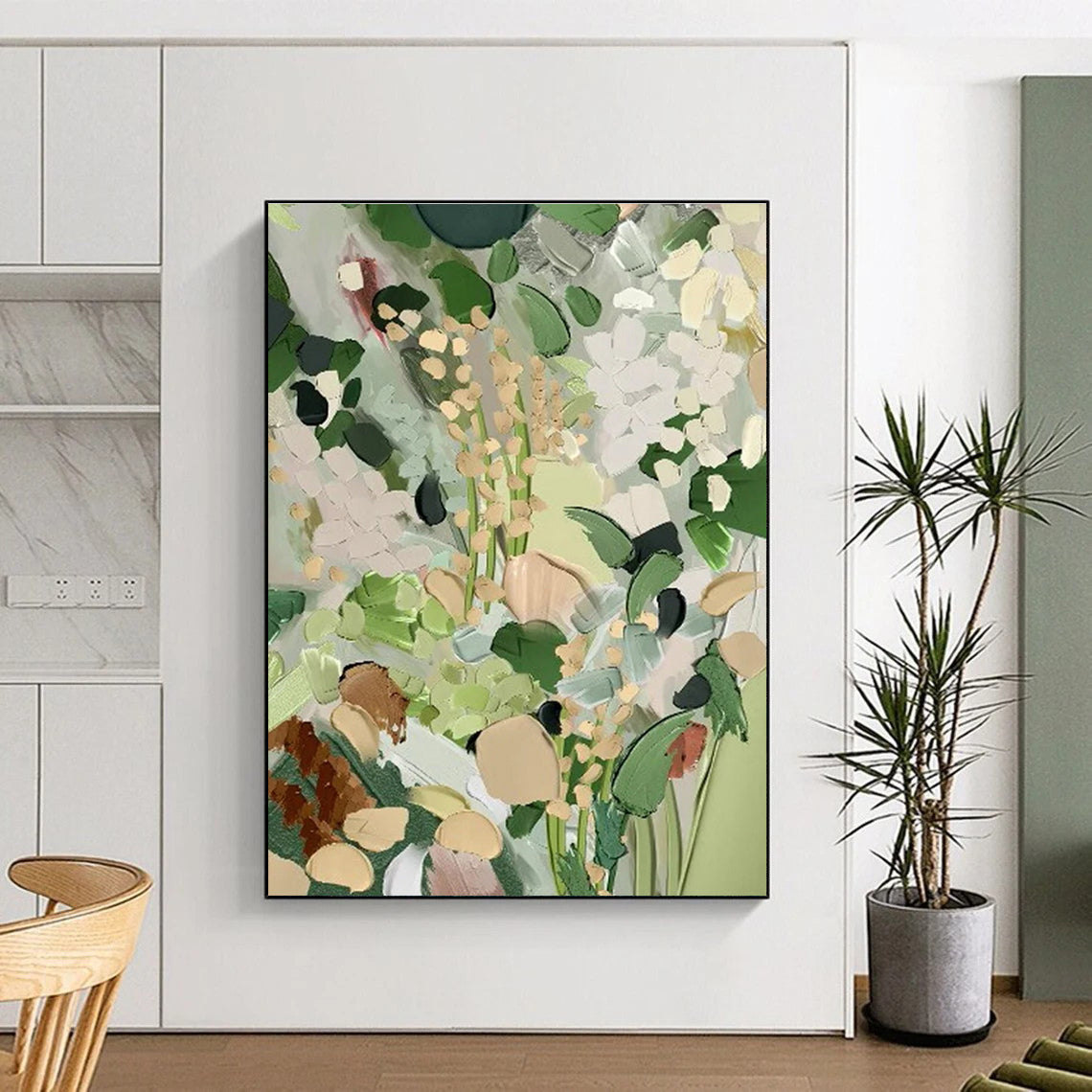 Muted Green Floral Abstract Painting for Minimalist Home Offices HENG426