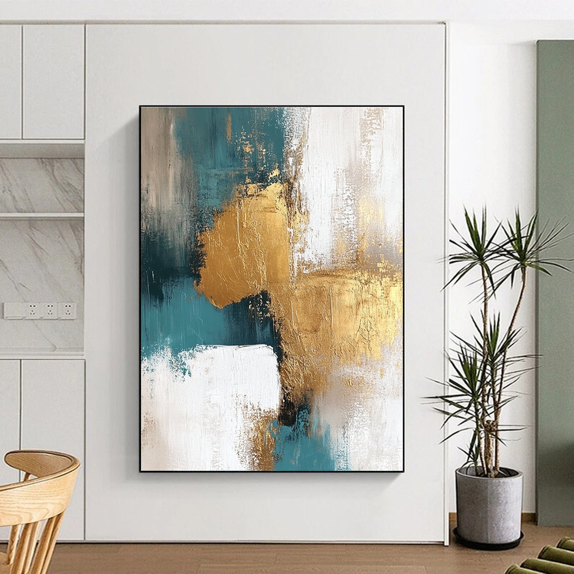 Teal Gold White Abstract Detail Painting with Intricate Textures WINK677