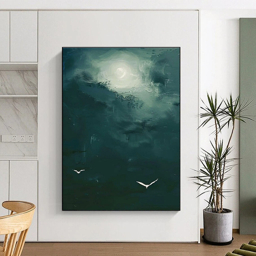 Dark Green Sky with White Birds Abstract Painting for Nature - Themed Spas HENG508