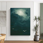 Dark Green Sky with White Birds Abstract Painting for Nature - Themed Spas HENG508
