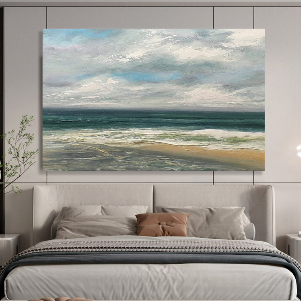Cloudy Beach Scene Seascape Abstract Painting for Coastal Vibes YHT020