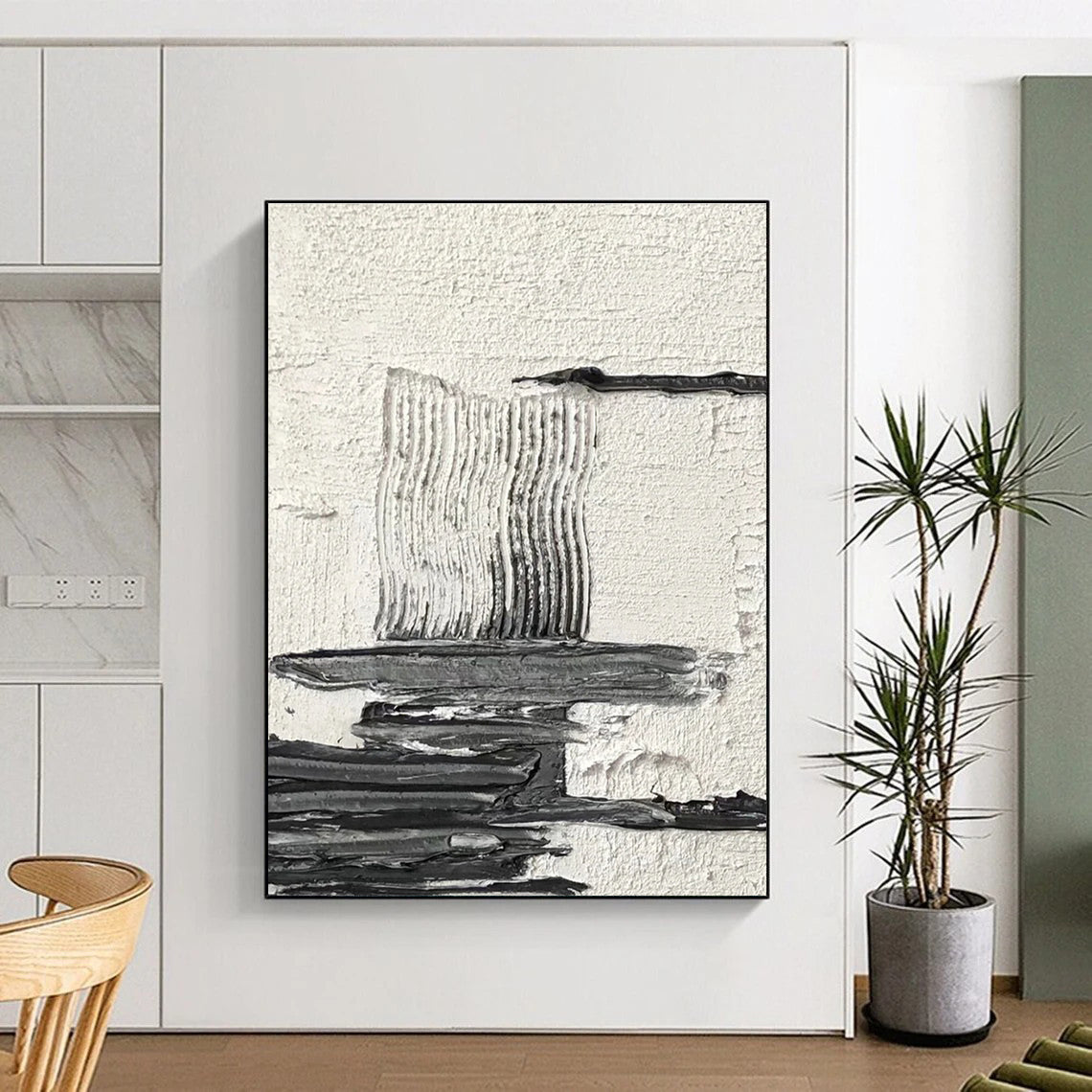 Black - White Textured Abstract Composition Painting for Minimalist Studies HENG388