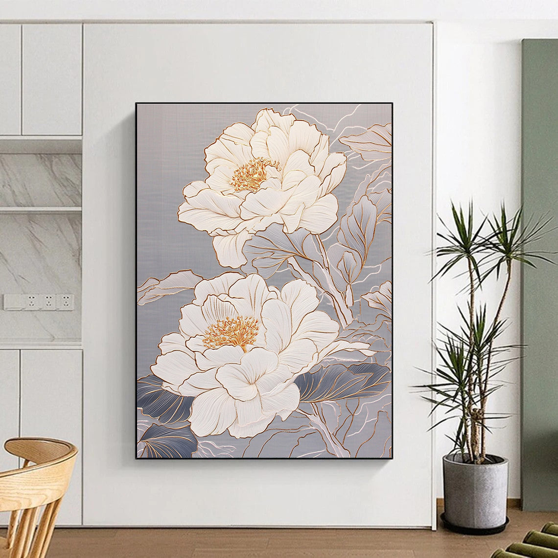White Peonies with Gold Elegant Abstract Painting for Luxury Spaces GAB1478