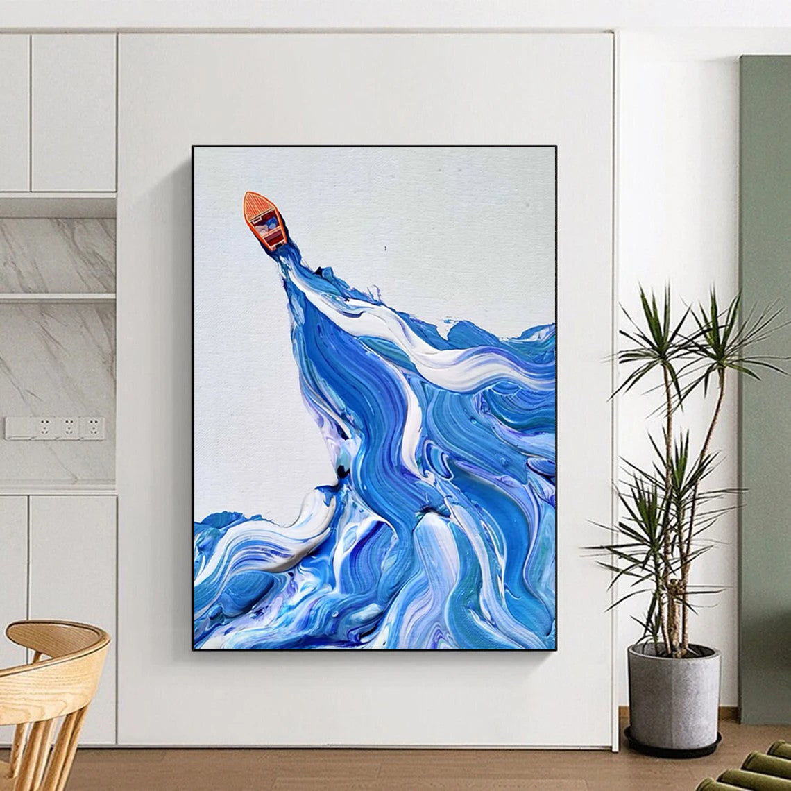 Small Boat on Textured Waves Abstract Painting for Nautical - Themed Interiors HENG321