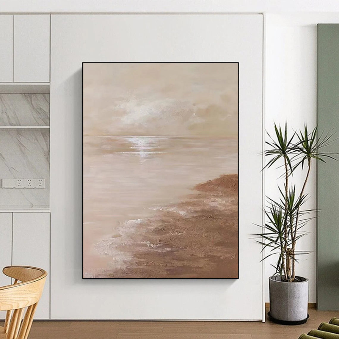Serene Beige Seaside Landscape Abstract Painting for Coastal - Inspired Bedrooms HENG341