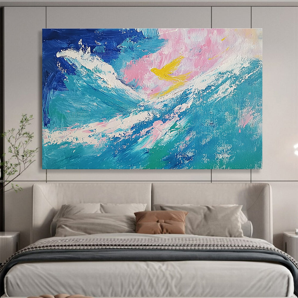 Yellow Bird over Waves Abstract Painting with Dreamy, Symbolic Elements ABS522