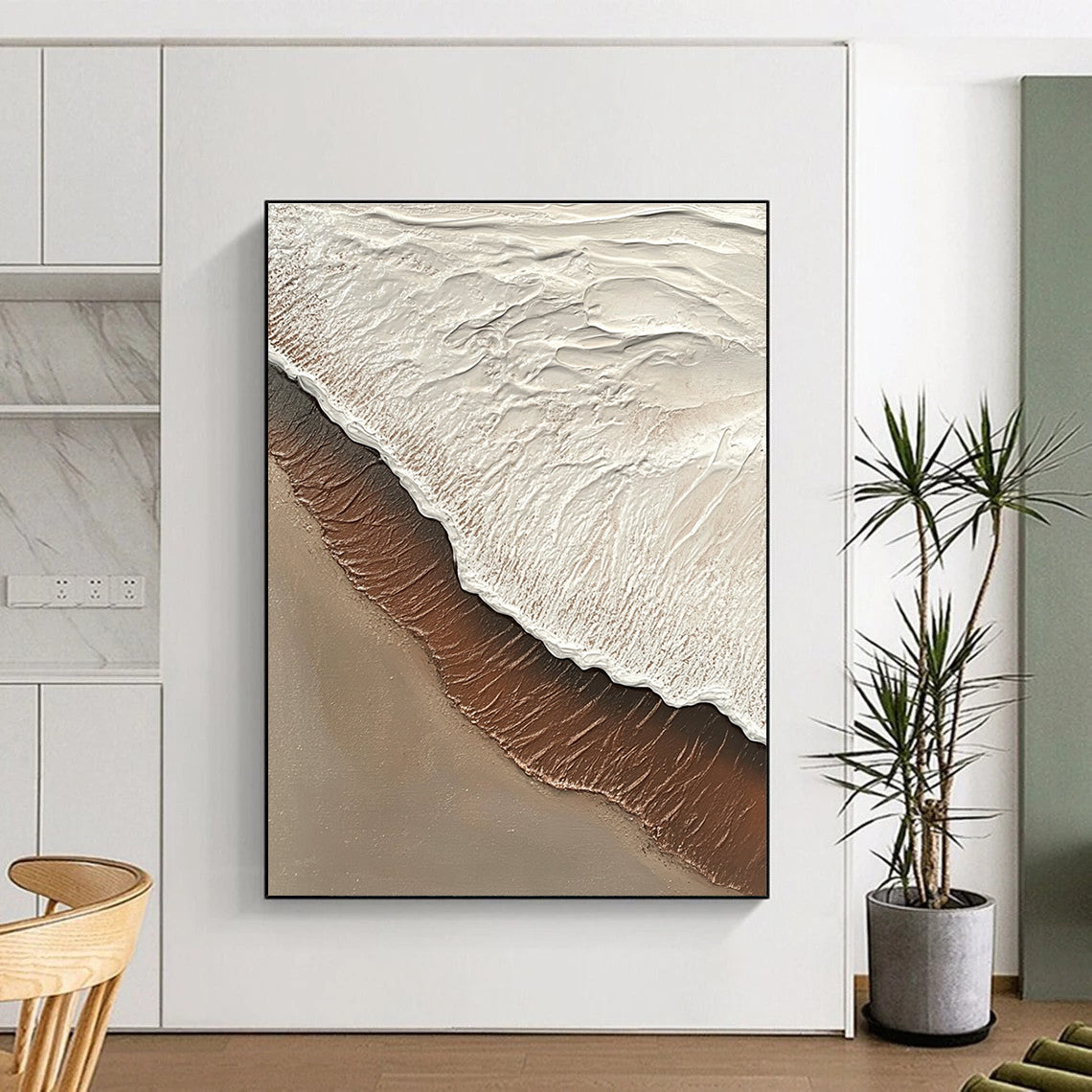 Textured Beach Wave in Brown and White Abstract Painting with Coastal Textures GAB0079