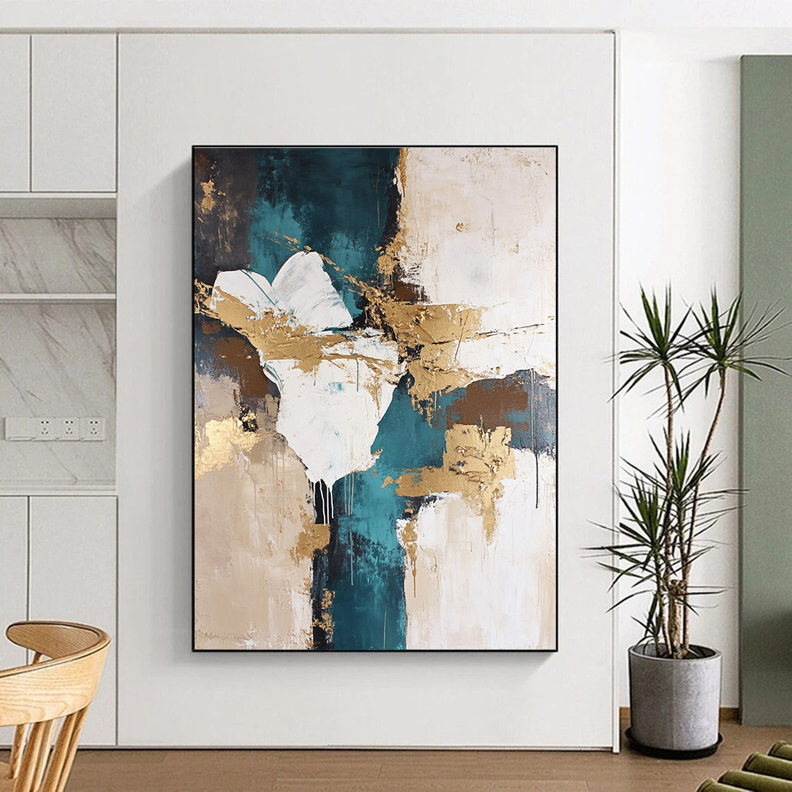 Teal - Gold - White Abstract Painting with Artistic Flair WINK447