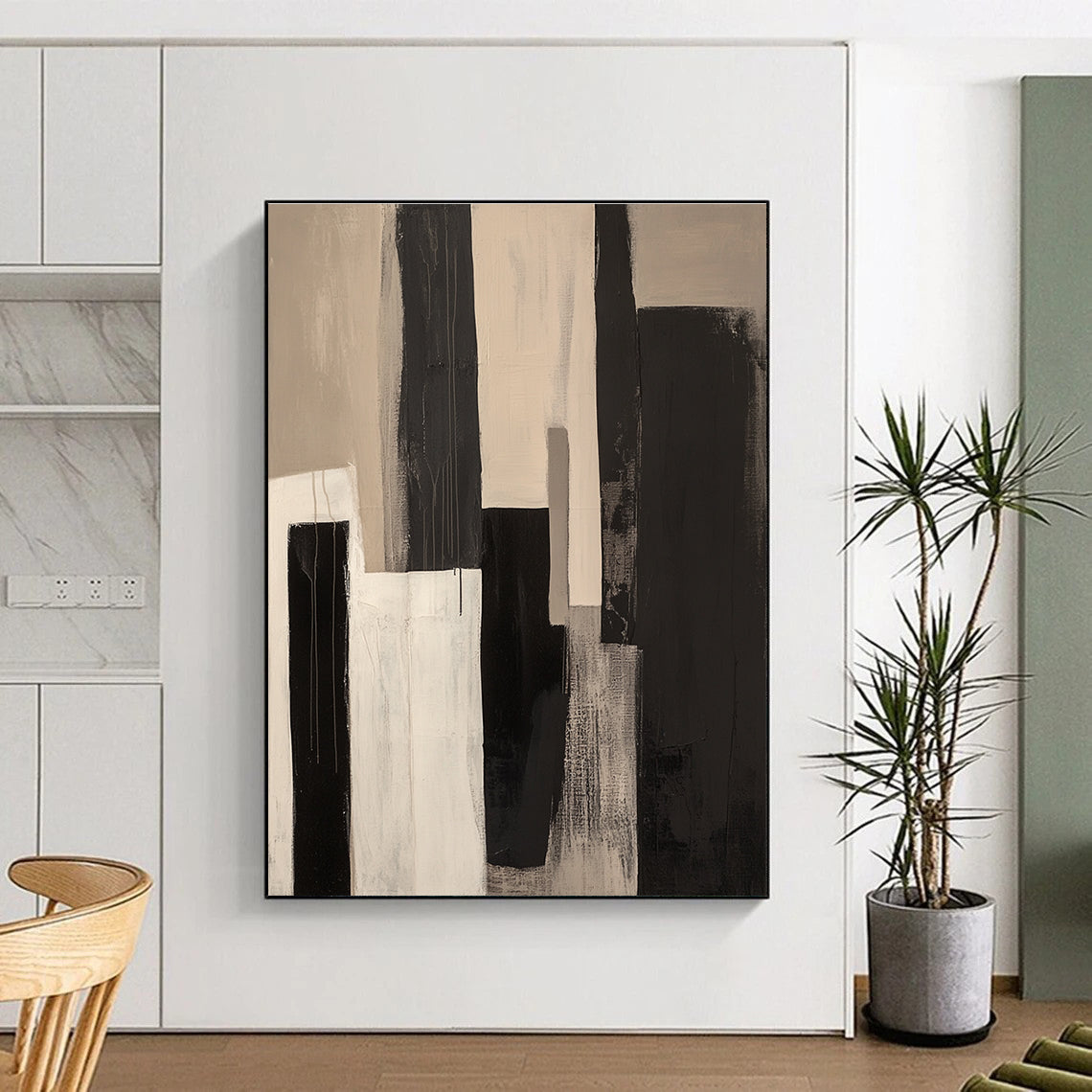 Black and White Vertical Abstract Painting with Stark Contrast WINK228