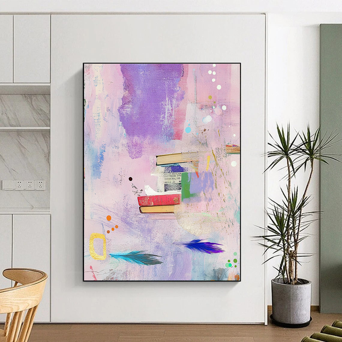 Books and Feathers Collage Abstract Painting of Intellectual Whimsy GAB0178