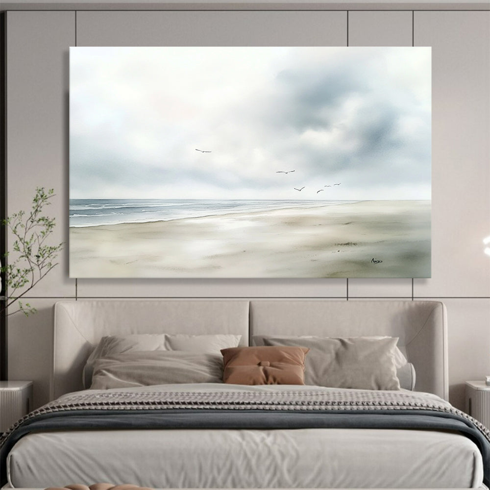 Seaside with Flying Birds Abstract Painting with Tranquil Serenity ABS613