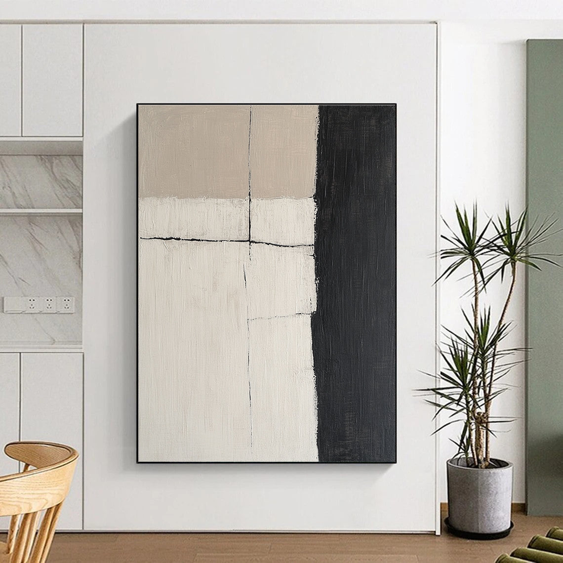 Beige and Black Grid Abstract Painting with Textured Surfaces WINK847