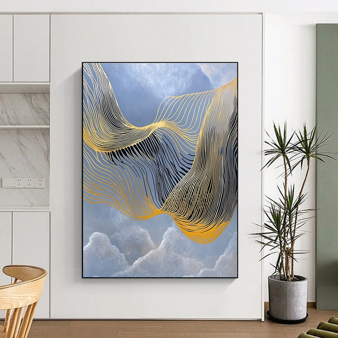 Golden Wavy Lines Abstract Painting for Luxury Hotel Lobbies GAB1321