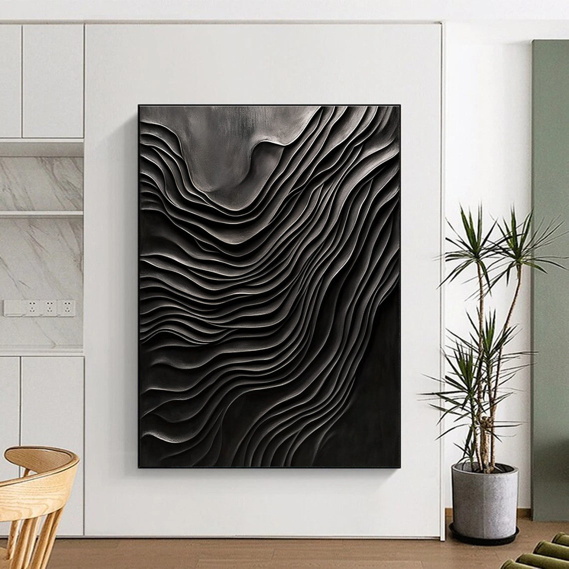 Black Wavy Textures Abstract Painting for Industrial - Chic Art Galleries GAB1328