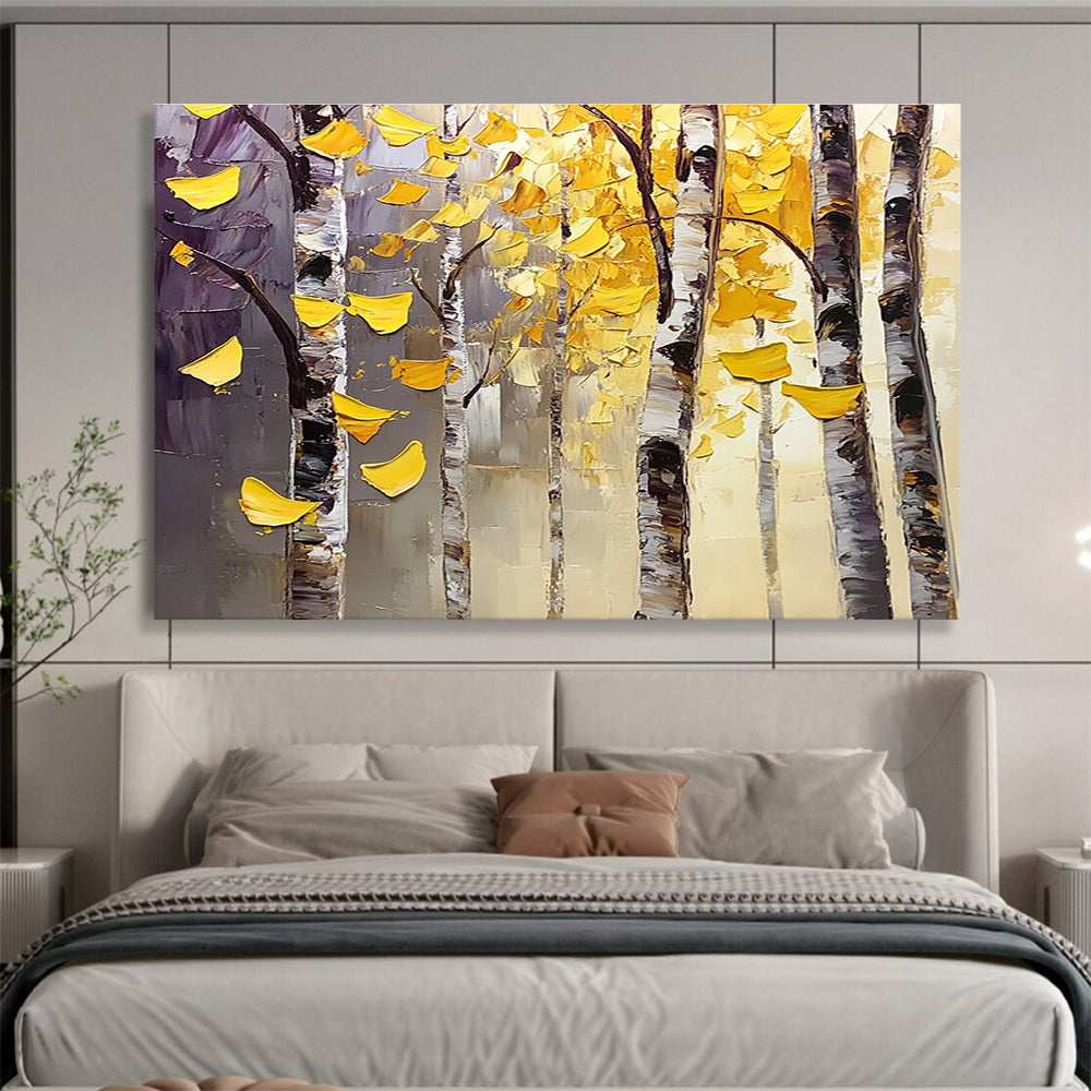 Textured Autumn Birch Trees Painting with Lush Golden Hues ABS565