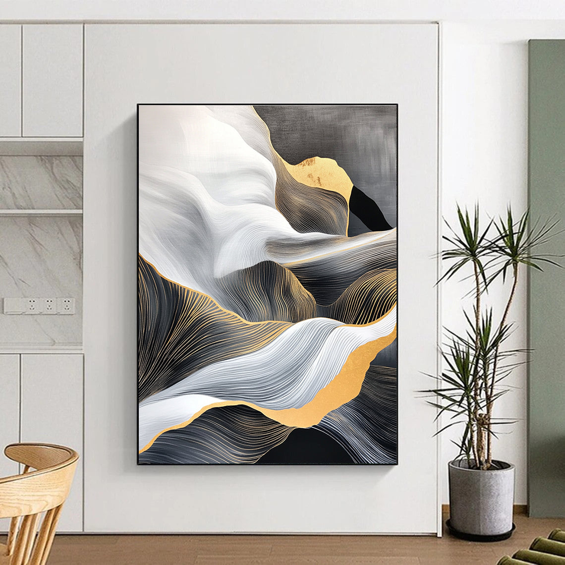 Golden - Lined Wave Abstract Painting for Sophisticated Living Rooms GAB0820