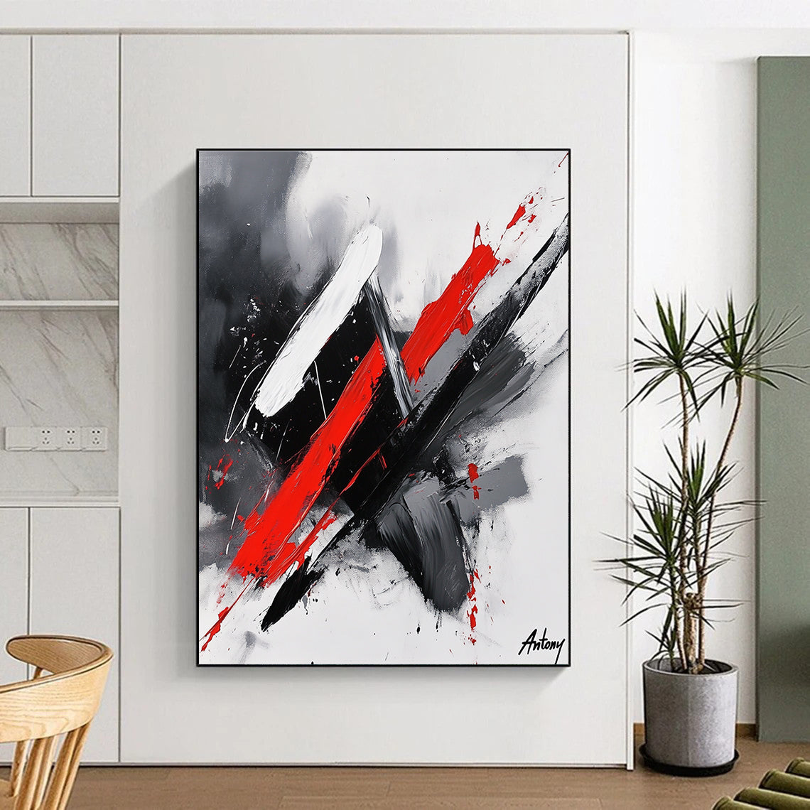 Red, Black, and White Dynamic Strokes Abstract Painting with Energetic Flair WINK245