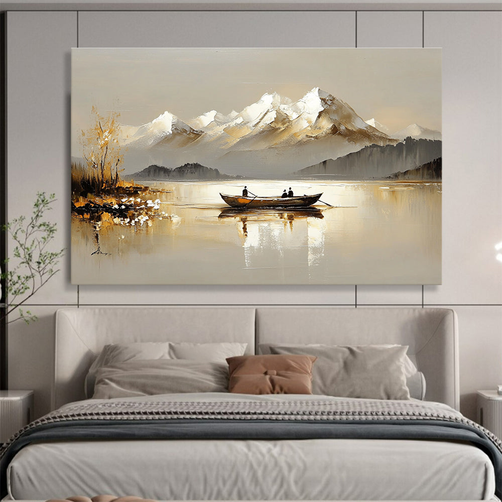 Boat on Lake with Snowy Mountains Abstract Painting with Serene Beauty ABS605