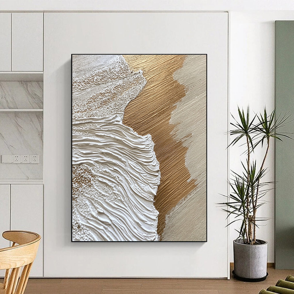 Gold and White Textured Waves Abstract Painting with Luxurious Vibes GAB0069