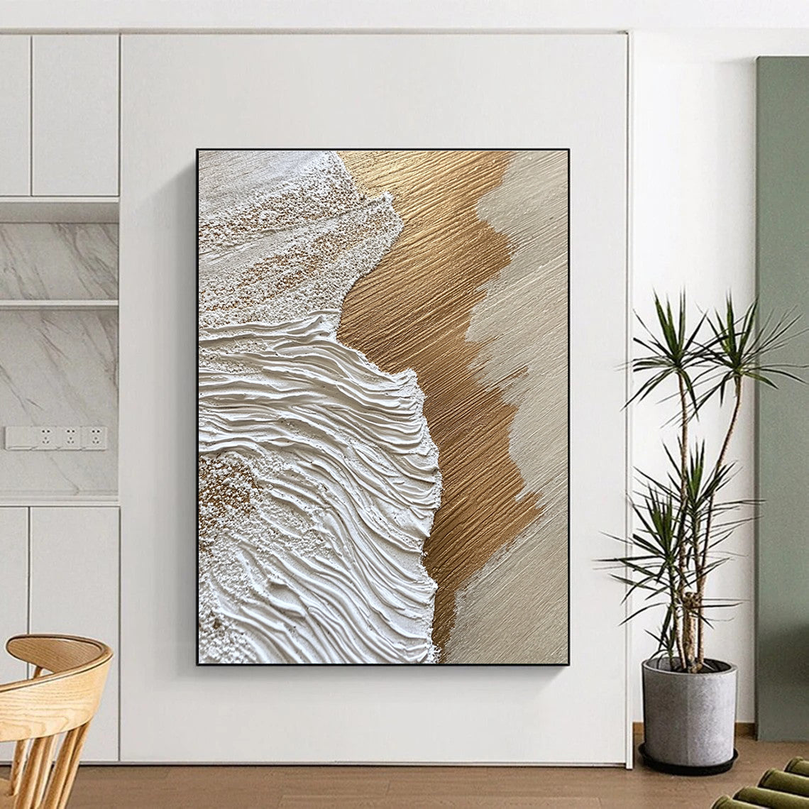 Gold and White Textured Waves Abstract Painting with Luxurious Vibes GAB0069